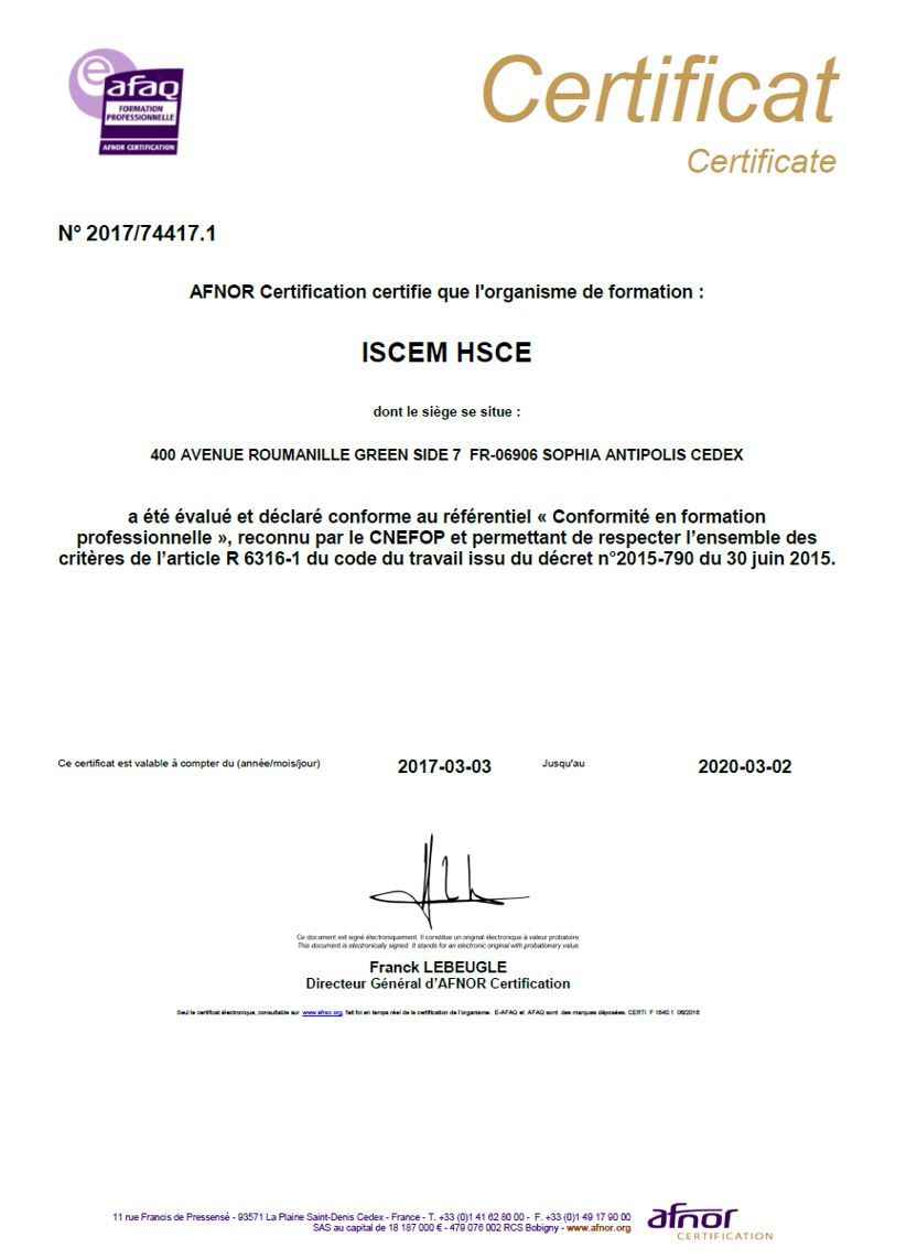 Certificat qualite afnor afaq hsce 2017